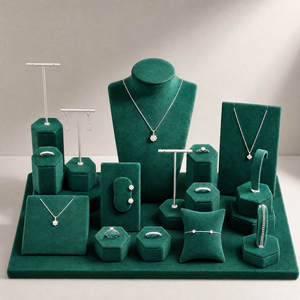 Zebopak Green Velvet Jewelry Display Set for Retail Store <b>Necklace</b> Bust T Bar Earring <b>Ring</b> Hexagon Box Bracelet Pillow Wholesale - Product Image 1