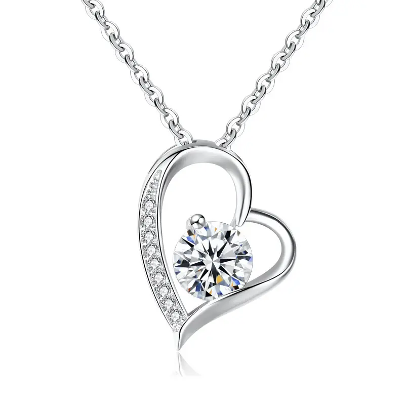Heart Necklace Silver White Gold Plated Round Cut Cubic Zirconia Forever Lover Heart Pendant Necklace for Women Girls