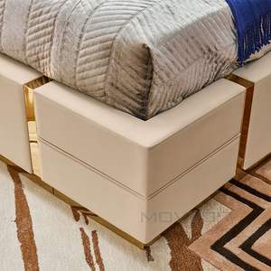 Современная мебель для хранения, двойные кровати из натуральной кожи, итальянская роскошная кожаная кровать большого размера с золотыми краями - Product Image 3