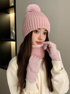 Ensemble de bonnets à pompons en tricot épais doux et chaud pour femmes, ensemble de gants, écharpe et <span class=keywords><strong>bonnet</strong></span> tricoté à l'intérieur, nouvel arrivage d'hiver - Product Image 4