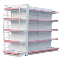 Étagère de présentation double face pour supermarché, rayonnage métallique pour épicerie avec panneau latéral en maille, bord avant rose, rayonnage de vente au détail
