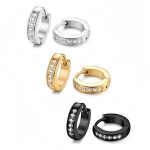 Stainless Steel <b>Huggie</b> Earrings With Diamond Channel Setting Gold <b>Silver</b> Black Unisex Everyday Wear Summer 2024 - Product Image 2