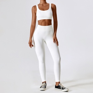 Factory Wholesale Seamless Rib Yoga Wear Suit Women Sportswear Quick Dry Fitness Running <b>Tight</b> Sports Bra and Legging Set - Product Image 3