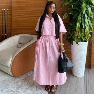 Ensemble jupe de bureau tendance SH7189 pour femmes, chemise rayée à manches courtes et ensemble maxi taille haute, tenue 2 pièces - Product Image 1