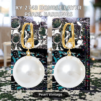 Boucles d'oreilles pendantes vintage géométriques à double couche en acier inoxydable creux avec perles simulées et zircone pour femme - Cadeau