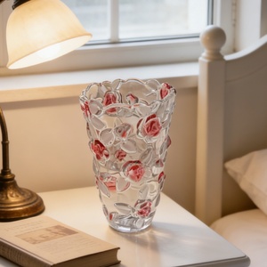 <span class=keywords><strong>Vase</strong></span> de table de <span class=keywords><strong>mariage</strong></span> personnalisé en verre rose, fait main, style Art Déco, cylindrique, écologique, <span class=keywords><strong>gravé</strong></span> de roses florales en relief - Product Image 4