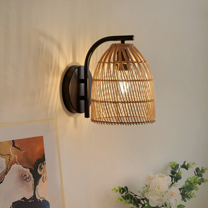 Lampe murale en rotin style Wabi Sabi, LED E27, commande par interrupteur, pour couloir, balcon, maison d'hôtes, entrée, salon de thé, restaurant - Product Image 3