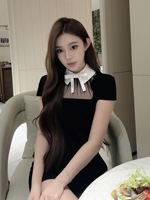 Nouvelles arrivées Bettergirl Ramadan 2026 Robe courte classique noire à col contrastant et nœud pour l'été