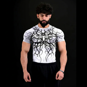 T-shirt de compression blanc à manches courtes pour homme, motif toile d'araignée 3D noir sur le devant, col rond, séchage rapide, coupe régulière, style urbain, tricoté - Product Image 1