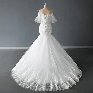 Vestidos de Novia de Encaje con Apliques de Moda <span class=keywords><strong>2022</strong></span>, Vestidos de Novia de Sirena con Mangas Abullonadas para Mujeres Africanas - Product Image 3