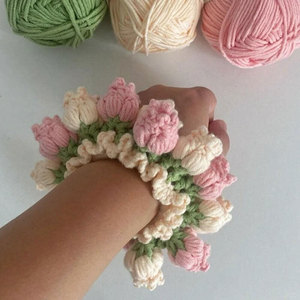Handmade Crochet <b>Flower</b> Hair Tie Women <b>Sweet</b> Style Elastic Hairband Pink Tulip Bouquet Daily Use Scrunchies - Product Image 5