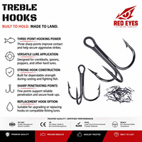 Échantillon Gratuit Hameçons triples RED EYES à haute teneur en carbone à pointe percante, en boîte, pour leurres de pêche, cible : Bass, Vente en gros OEM