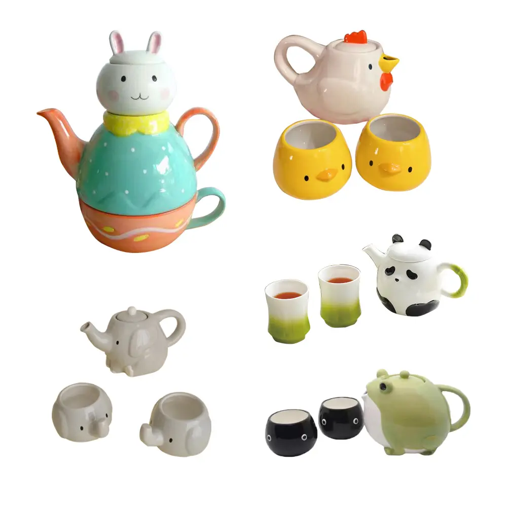 Ensemble de théière et de tasse en forme de lapin grenouille poulet mignon personnalisé, tasse à thé en céramique peinte à la main Lovely Animal Teapot