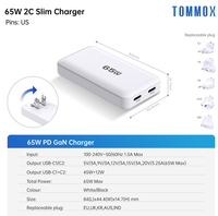 Chargeur mural pliable Tommox 65W Gan pour téléphone portable et tablette, adaptateur de charge rapide USB-C PD Type-C pour iPhone, iPad, MacBook, appareil photo