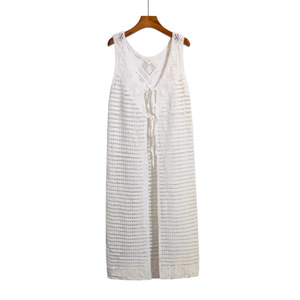 Vestido de punto calado con lazo en la cintura, cuello en V, holgado, largo midi, transpirable, sin mangas, diseño hueco - Product Image 2