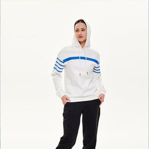 White with Blue Color Block Hoodie Striped Decorative Casual Women Sports Sweatshirt Customized Logo