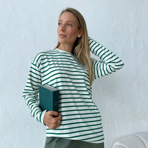 High Quality Soft Fashion Crew Neck 100% Cotton <b>Long</b> <b>Sleeve</b> Striped Loose Casual Drop-Shoulder Women's Spring Base <b>T</b>-<b>Shirt</b> - Product Image 1