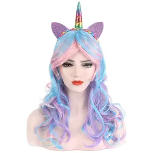 Anime Princess Unicorn Wig Cosplay Colorful Synthetic Long Curly Party Wigs For Women