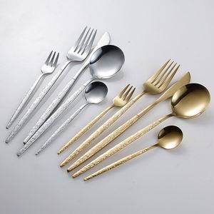 Hammered Pattern Stainless Steel Flatware Steak Knives, Dessert Spoons, and Forks for Wedding Restaurant Cutlery Sets - Product Image 1