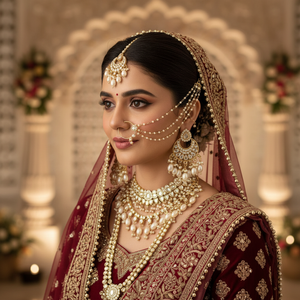 Bridal Ethnic Chandelier <b>Drop</b> <b>Earrings</b> Claw Setting Pearl Chain Matching Maang Tikka Alloy Gold Plated Vintage Traditional - Product Image 3