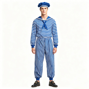 Costume de <span class=keywords><strong>marin</strong></span> pour <span class=keywords><strong>homme</strong></span>, tenue marine classique à rayures bleues et blanches avec chapeau pour Halloween, cosplay et soirées à thème - Product Image 1