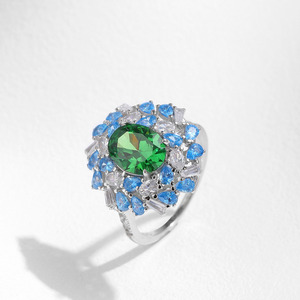 S925 <b>silver</b> <b>Emerald</b> Green Gemstone Flower <b>Ring</b> With Blue Topaz And Round Brilliant Cut Diamonds Prong Setting Women's Cocktail - Product Image 3