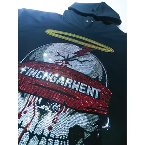 Finch garment custom rhinestone printing hoodie for men plus size rhinestone skull thick hoodie