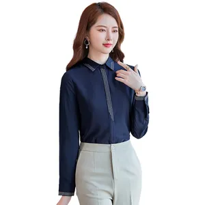 Grosir Dropship OEM Blus Kerah Lipat Elegan Mode dengan Pakaian Kerja Atasan Wanita Kantor Kemeja Gaya Longgar Kamisol