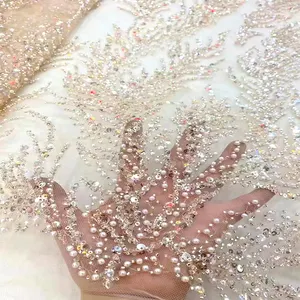 luxury beaded voile embroidered sequins lace fabric crystal rhinestone