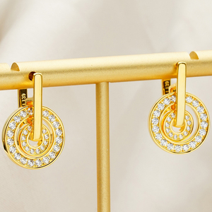 Pendientes de Oro Sólido Radiante de 9K/14K/18K con Círculos Concéntricos y Diamantes Micro-Pavé para Joyería Moderna y Elegante - Product Image 5