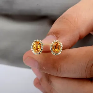 Solitaire Natuurlijke Citrien Oorbellen-Si Helderheid G-H Kleur Diamant Oorbellen Effen 18K Geel Goud Halo Citrien Oorbellen