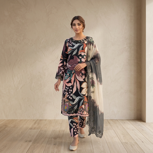 Ensemble haut, pantalon et dupatta brodés et ajourés TENNECY pour femme – Magnifique tenue de fête imprimée en maslin pour toutes les saisons, idéale pour les mariages - Product Image 1