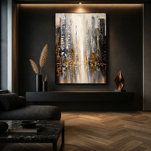 Peinture murale abstraite Impasto sur toile, motif skyline urbain argenté et doré, pour la décoration de bureaux, hôtels, halls d'entrée - Product Image 1