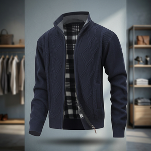 Cárdigan de punto argyle azul marino para hombre, con cremallera completa, cuello alto, lana acrílica, antipilling, ropa de abrigo de otoño, manga regular - Product Image 3