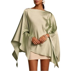 Women's <b>Satin</b> Poncho Top 3/4 Sleeve Boat Neck Asymmetrical Silk <b>Blouse</b> Party Wear - Product Image 1