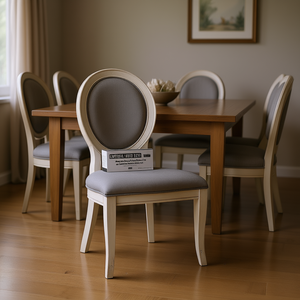 Sedia laterale transizionale bianca antica e grigia con seduta imbottita in tessuto per arredamento sala da pranzo - Product Image 2