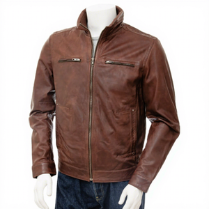 Blouson de motard en cuir véritable marron pour homme, col montant, en cuir de vachette, épaules matelassées, poches zippées, personnalisé, classique, chaud pour l'hiver - Product Image 1