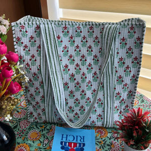 Handmade Bohemian Print Tote Bag for Women Stylish Trendy Zipper Hand Block Printed <b>Machine</b> Quilted Washable for Summer Autumn - Product Image 1