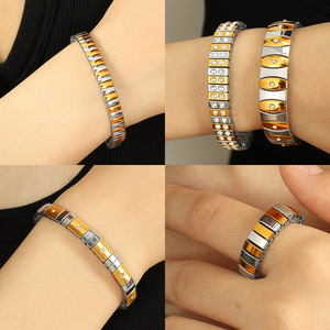 Tennis <b>Bracelet</b> Set Women's Two Tone Gold Silver Rhinestone Elastic Geometric Party Jewelry <b>Crystal</b> Channel Setting Fashion - Product Image 3