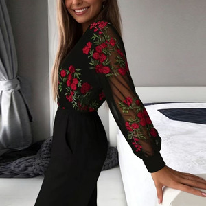 Mono de Mujer Negro de Cintura Alta con Bordado Floral Transparente y Manga Larga para Uso Diario - Product Image 4