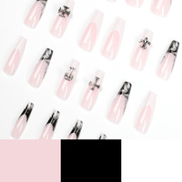Faux ongles longs en forme de cercueil, style Chrome Heart gothique, avec breloques croix, noir et blanc, French Manucure, faits à la main, très demandés