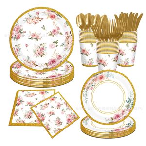 Floral Series <b>Disposable</b> Tableware Set Paper <b>Plates</b> Cups Napkins Gold Trim Party Supplies Kit - Product Image 1
