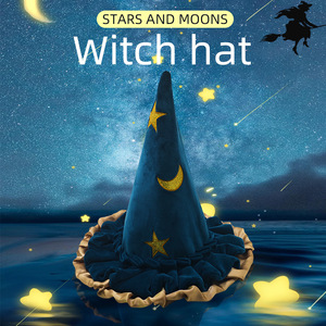DAMAI Halloween Adult Kids Witch Star Hat Party Decor Cosplay Witch Hat Moon Blue Pattern Festival Photo Props Hat Decoration - Product Image 3