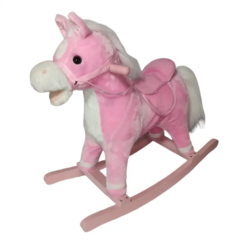 Brinquedo de cavalo de balanço infantil rosa personalizado para passear em animais de brinquedo com base de madeira