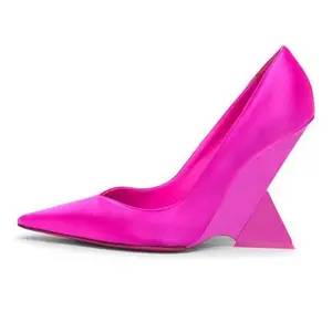 2023 New Arrival Hot Pink Satin Dress Shoes Luxury Wedge Heel Pumps ENMAYER Custom Spring Womens Pumps