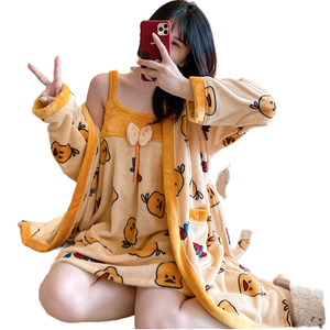 Pijama de Franela Térmica Suave para Invierno, Cuello en V, Largo, Estampado de Dibujos Animados, Clásico, Tipo Bata, para Mujer - Product Image 1