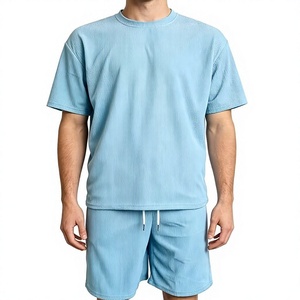 Men Solid Light Blue Ribbed Crew Neck T-Shirt Shorts Set Casual Knit Summer Outfit Breathable Waffle Texture Polyester/Cotton - Product Image 2