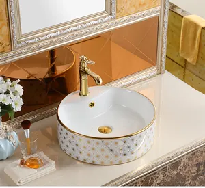 Nuevo patrón decorativo, fregaderos redondos, tazón de porcelana, mesa galvanizada, lavabo de baño, lavabo dorado