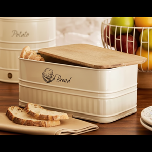 Boîte à pain en métal crème avec couvercle en bois et planche à découper, motif « Pain », disponible à prix de gros - Product Image 1
