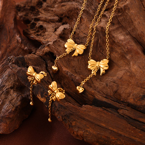 Kết cấu Bow tim tua Vòng cổ thiết lập tối giản thép không gỉ Chic trang sức cho lớp - Product Image 4